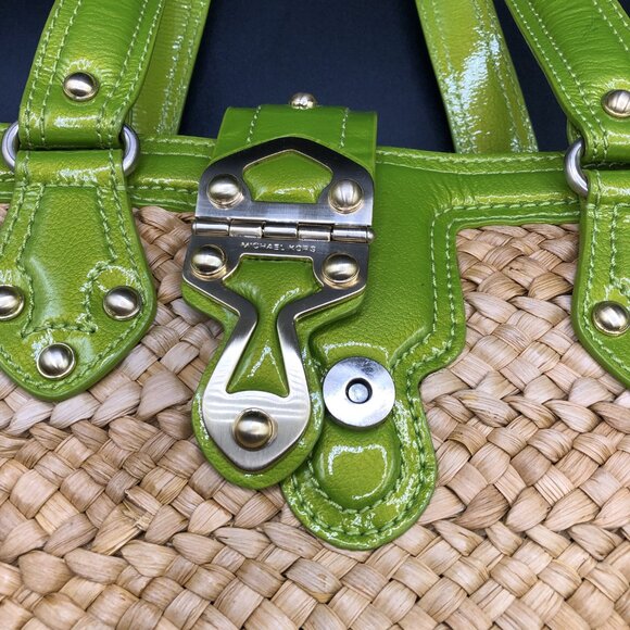 Michael Kors Straw and Green Leather Tote Bag w/Gold Color Hardware Excellent - Picture 4 of 15